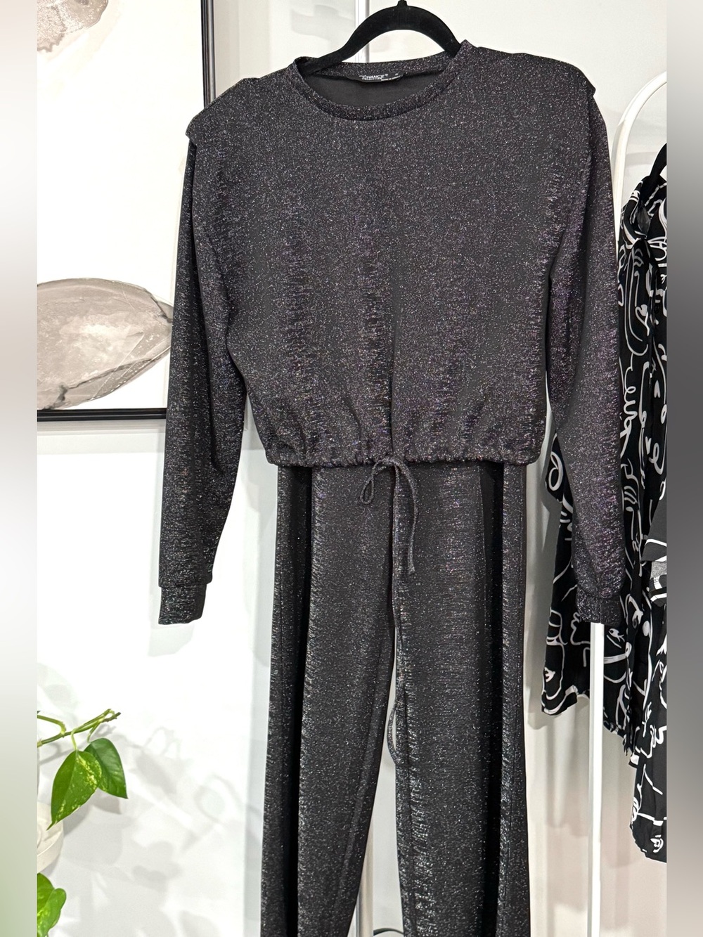 Sparkly Black Loungewear Set - Cropped Drawstring Top & Wide Leg Pants